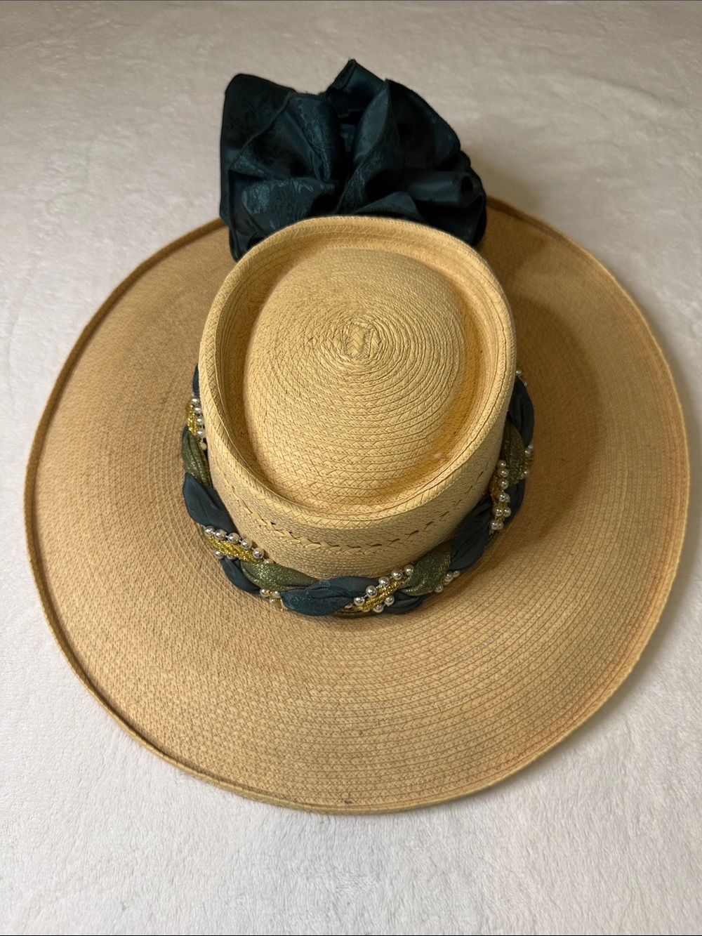The Hatman Straw Wide-Brim Sun Hat with Green Ribbon and Silver Beaded Trim